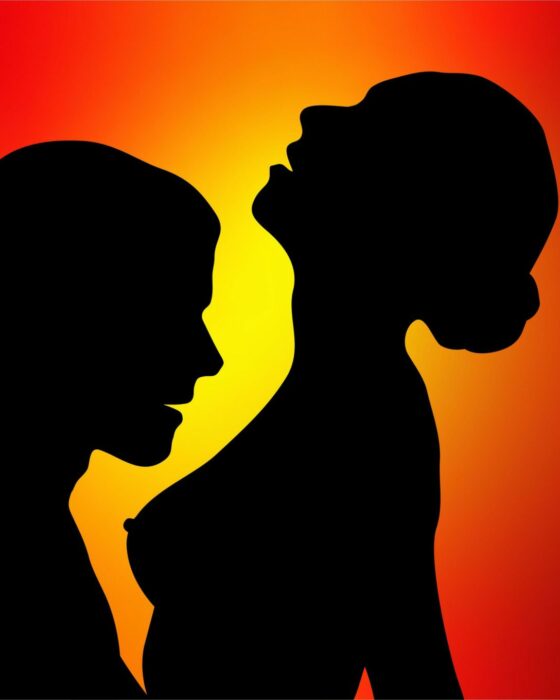 2APDBMD Silhouette of passionate couple illustration in front of colorful background