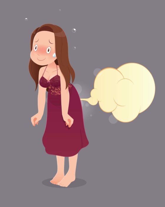 2FK3H40 Cute woman in red nightgown farting with blank balloon out from her bottom against gray background, Vector,  Funny face cartoon, Illustration